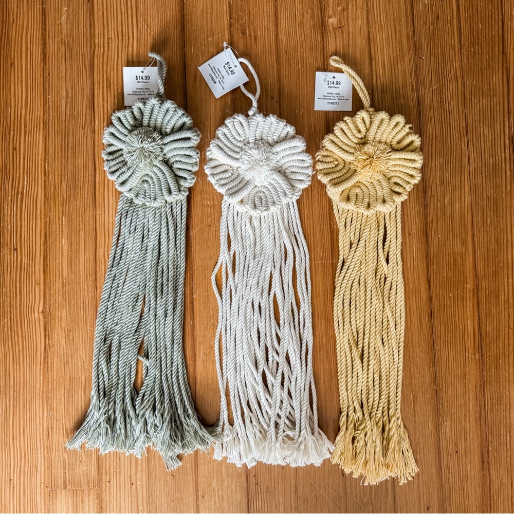 Set of 3 Olive Green, Mustard Yellow and Cream Yarn Flower Wall Decor Hanging